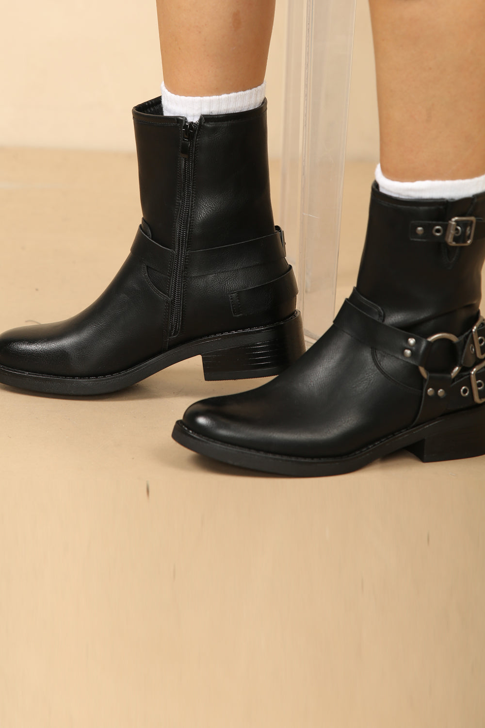 Black PU Buckle Ankle Heeled Biker Boot