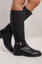 BLACK PU KNEE HIGH ELASTICATED STRETCH BOOT