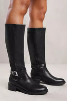 BLACK PU KNEE HIGH ELASTICATED STRETCH BOOT