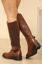 BROWN PU KNEE HIGH ELASTICATED STRETCH BOOT