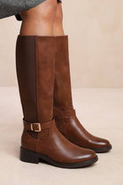 BROWN PU KNEE HIGH ELASTICATED STRETCH BOOT