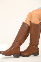 BROWN PU KNEE HIGH ELASTICATED STRETCH BOOT
