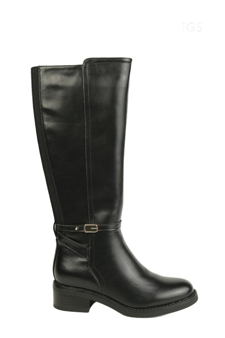 BLACK PU KNEE HIGH ELASTICATED STRETCH BOOT