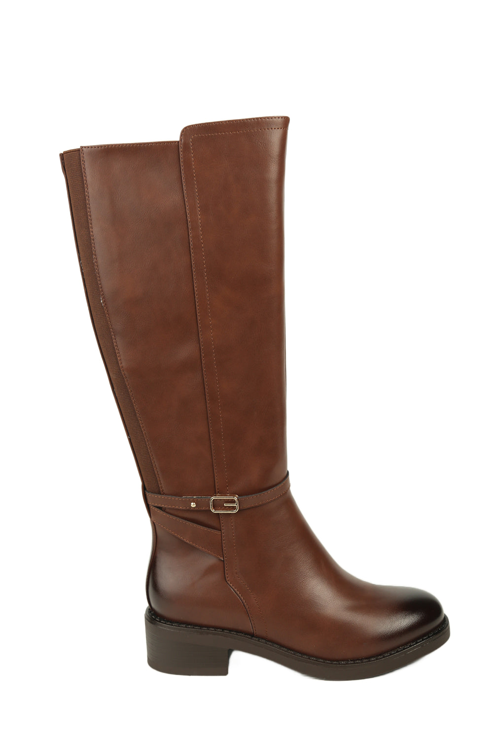 BROWN PU KNEE HIGH ELASTICATED STRETCH BOOT
