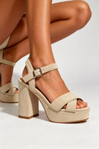 Cream Faux Suede Cross Over Platform Block Heel Sandals