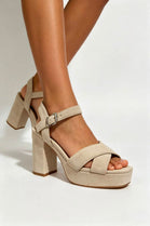 Cream Faux Suede Cross Over Platform Block Heel Sandals