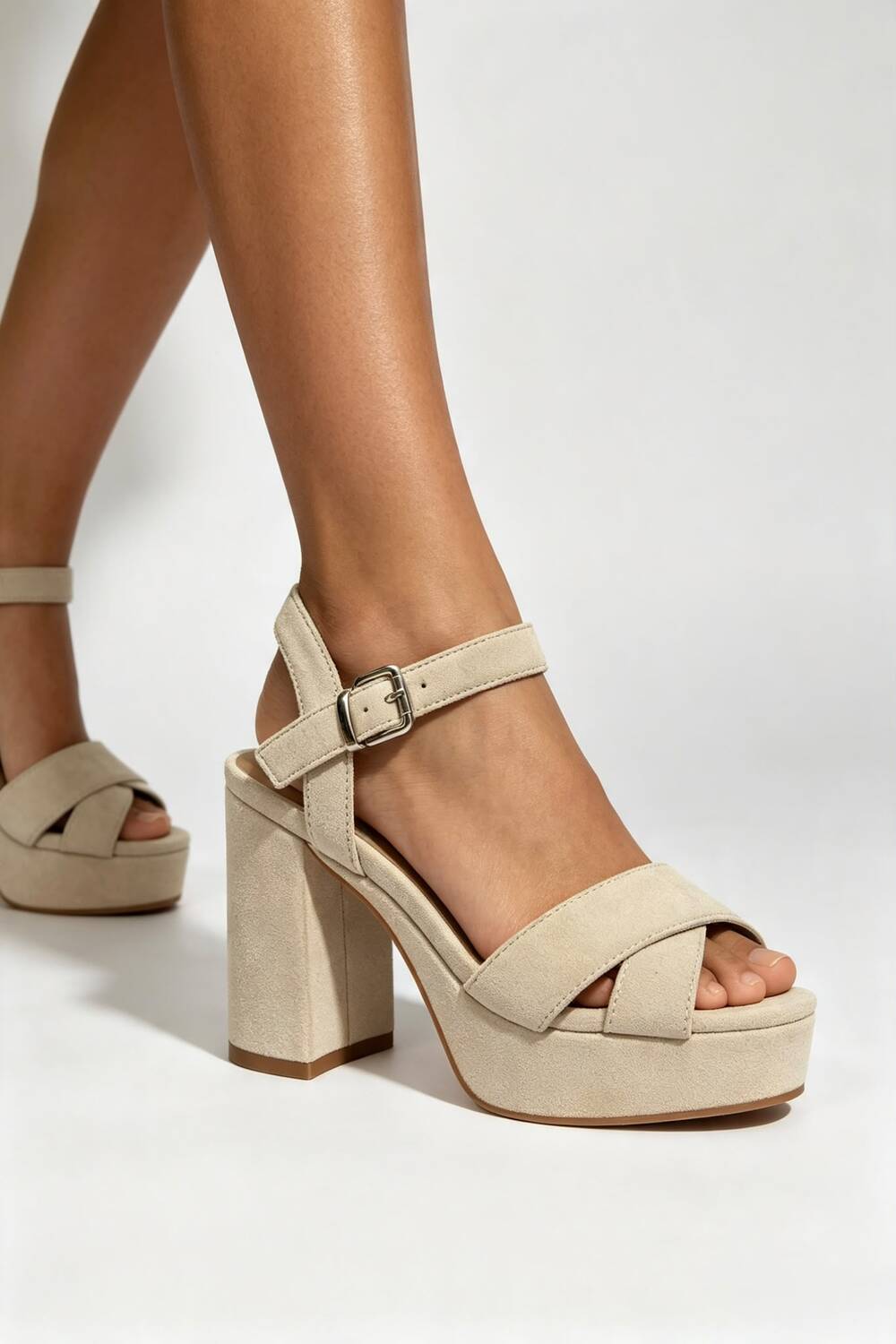 Cream Faux Suede Cross Over Platform Block Heel Sandals