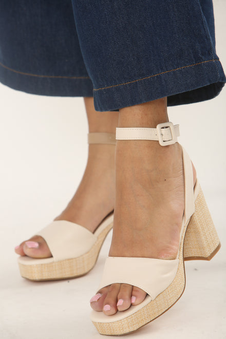 Cream Pu Ankle Strap Block Heel Sandals with Raffia Platform