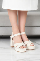 Cream Faux Suede Cross Over Platform Block Heel Sandals