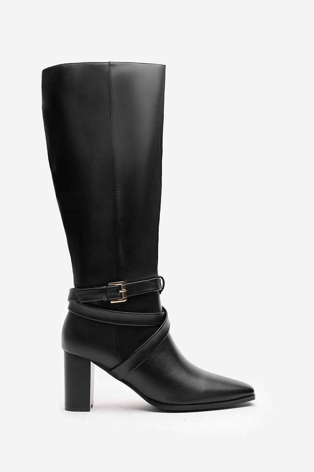 BLACK KNEE HIGH BLOCK HEELED BOOT