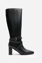 BLACK KNEE HIGH BLOCK HEELED BOOT