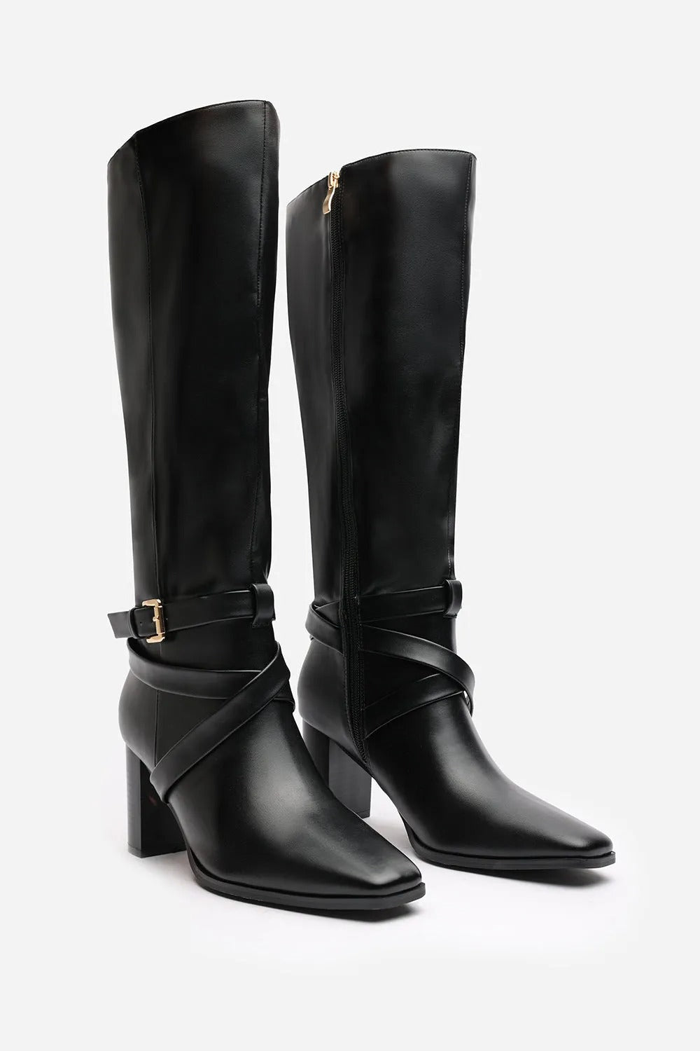 BLACK KNEE HIGH BLOCK HEELED BOOT