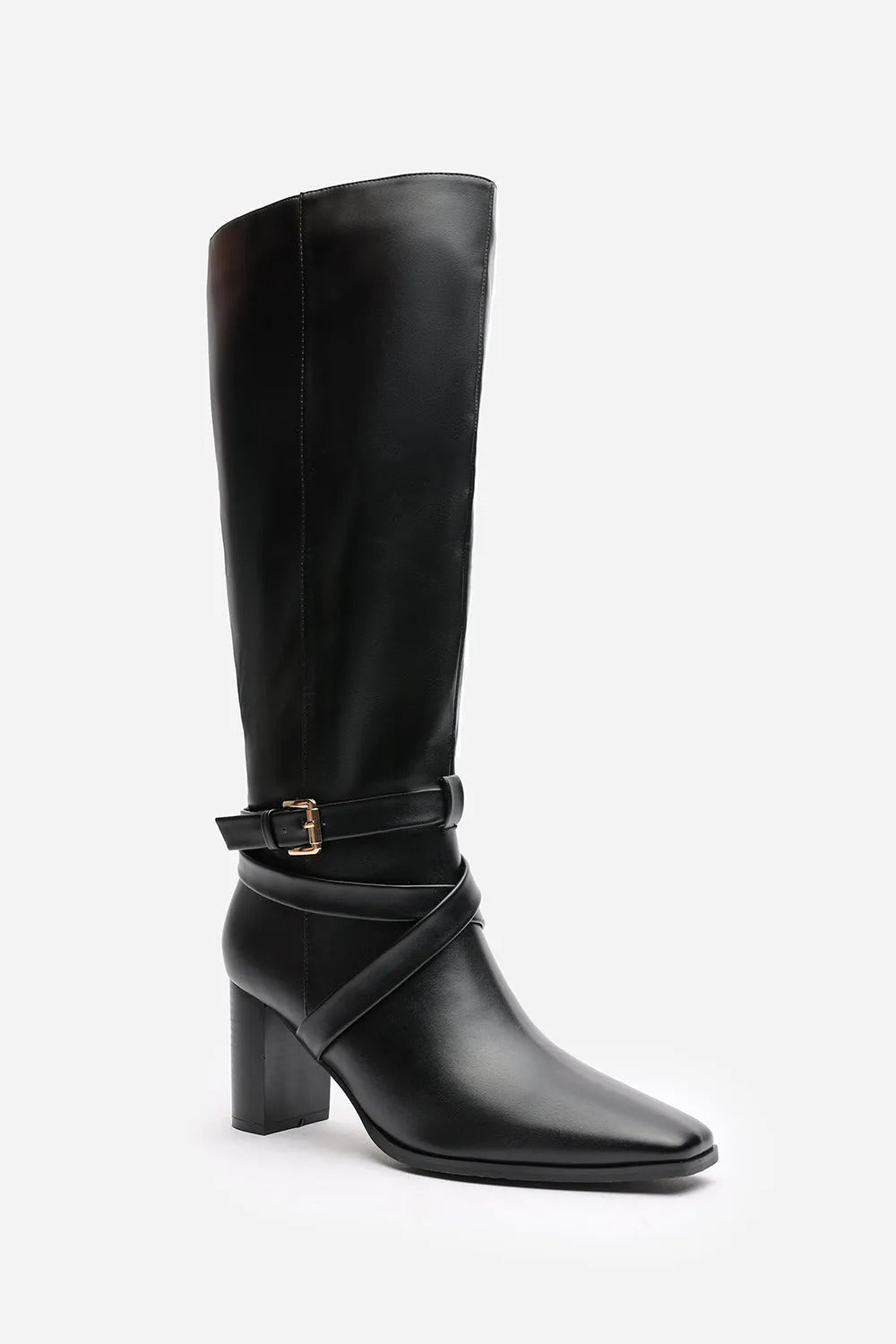 BLACK KNEE HIGH BLOCK HEELED BOOT