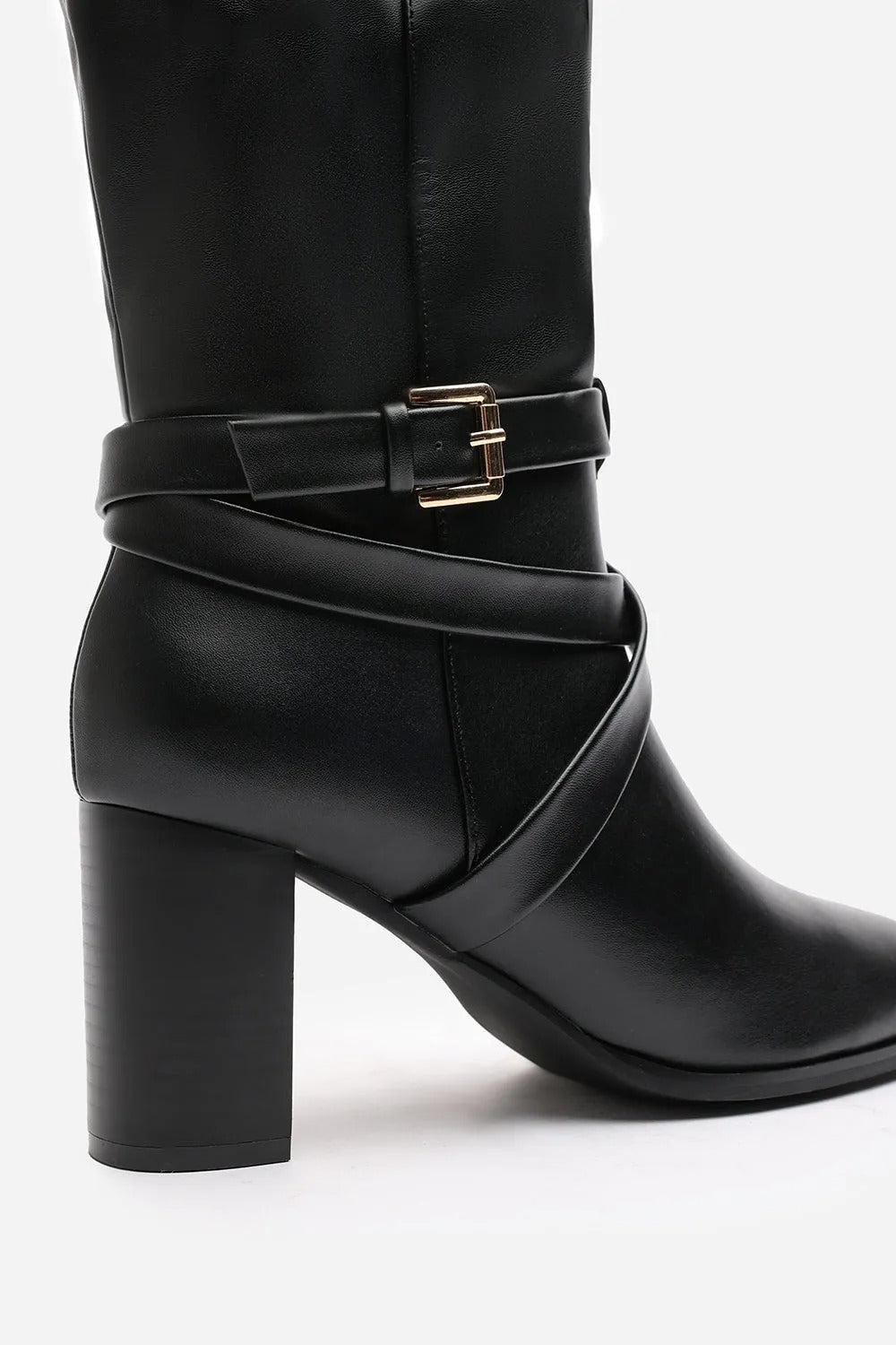 BLACK KNEE HIGH BLOCK HEELED BOOT