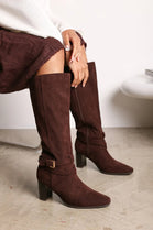 BROWN SUEDE KNEE HIGH BLOCK HEELED BOOT