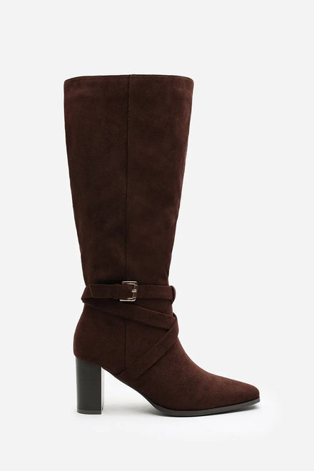BROWN SUEDE KNEE HIGH BLOCK HEELED BOOT