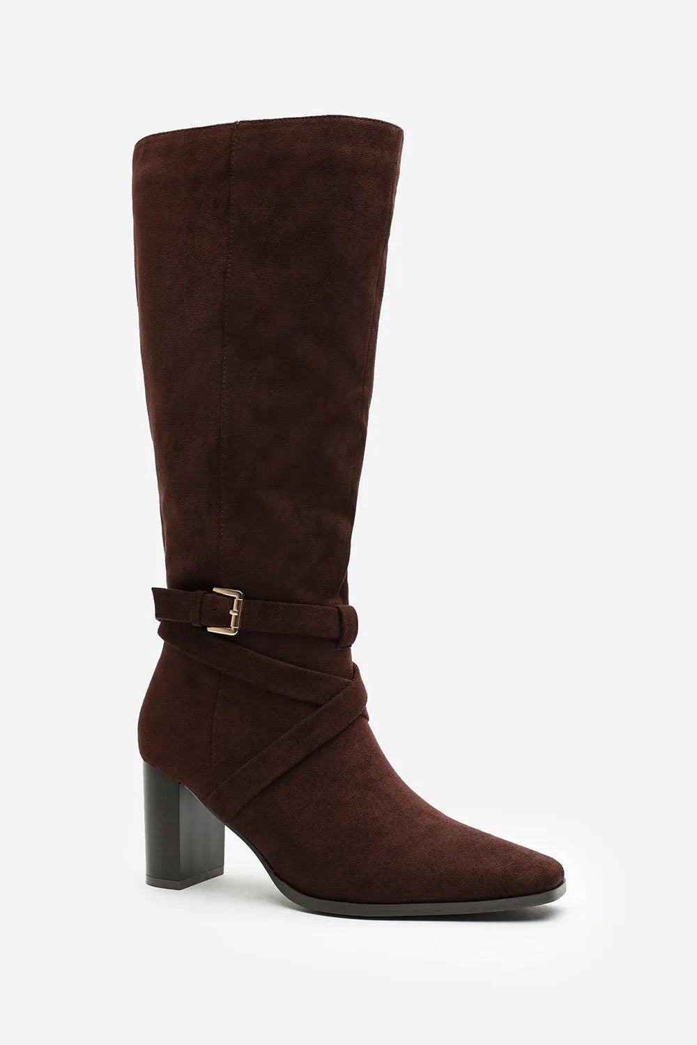 BROWN SUEDE KNEE HIGH BLOCK HEELED BOOT
