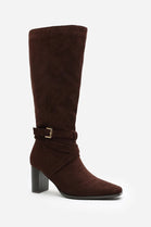 BROWN SUEDE KNEE HIGH BLOCK HEELED BOOT