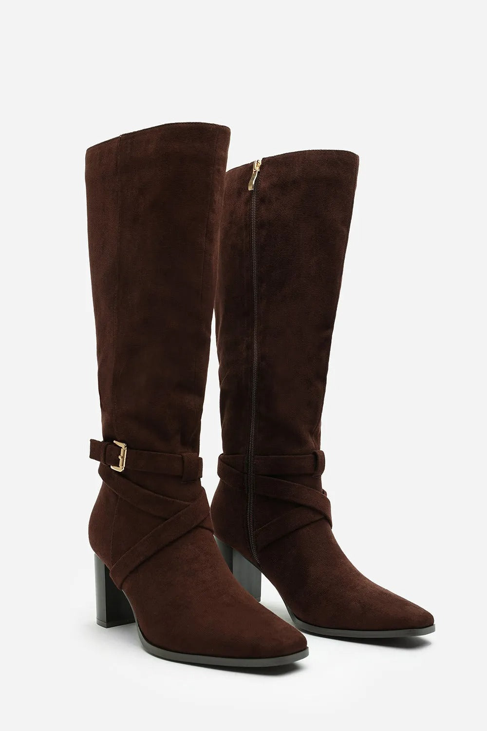 BROWN SUEDE KNEE HIGH BLOCK HEELED BOOT