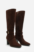 BROWN SUEDE KNEE HIGH BLOCK HEELED BOOT