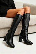 Black PU Block Heel Knee High Boots with Buckle Detail