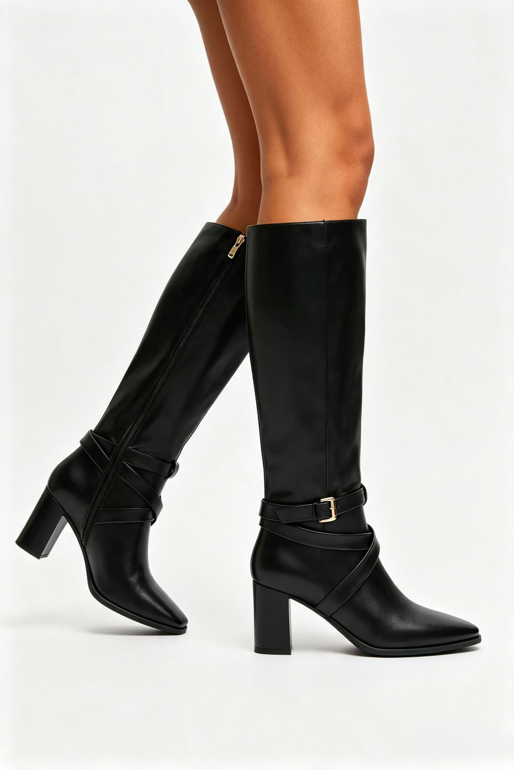 Black PU Block Heel Knee High Boots with Buckle Detail