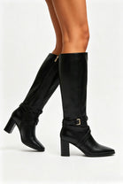 Black PU Block Heel Knee High Boots with Buckle Detail