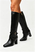 Black PU Block Heel Knee High Boots with Buckle Detail