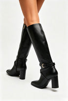 Black PU Block Heel Knee High Boots with Buckle Detail