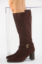 BROWN SUEDE KNEE HIGH BLOCK HEELED BOOT