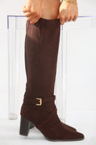 BROWN SUEDE KNEE HIGH BLOCK HEELED BOOT