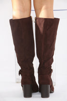 BROWN SUEDE KNEE HIGH BLOCK HEELED BOOT