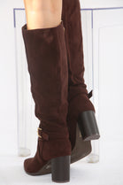 BROWN SUEDE KNEE HIGH BLOCK HEELED BOOT