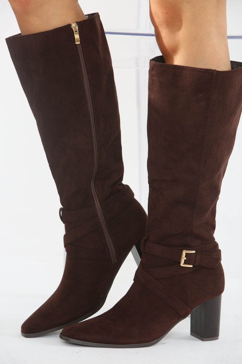 BROWN SUEDE KNEE HIGH BLOCK HEELED BOOT