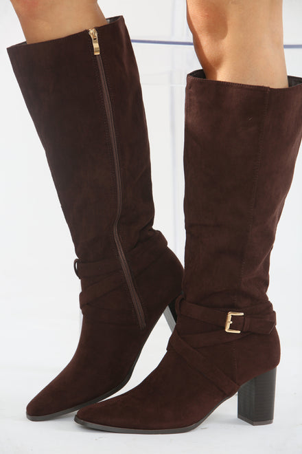 BROWN SUEDE KNEE HIGH BLOCK HEELED BOOT