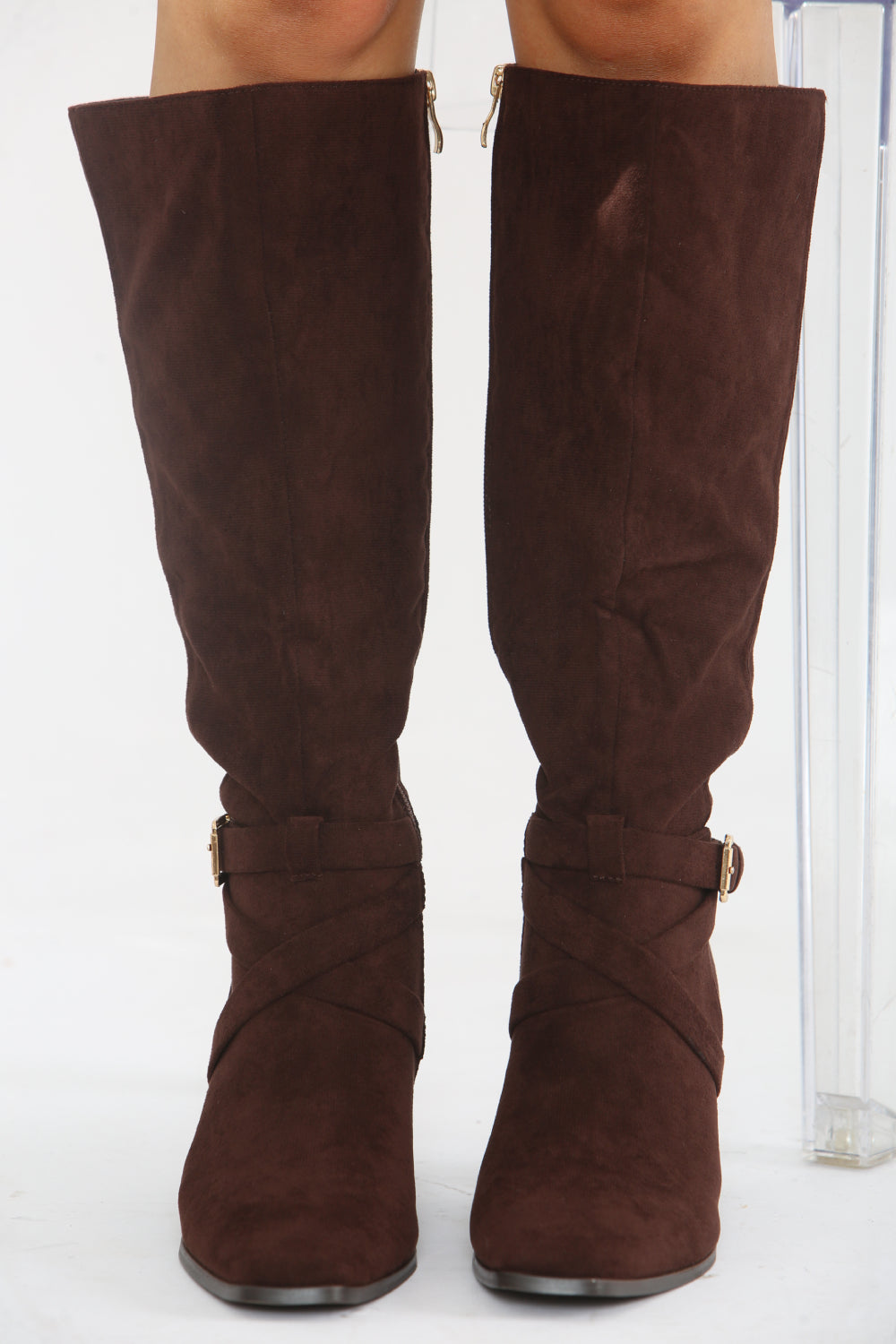 BROWN SUEDE KNEE HIGH BLOCK HEELED BOOT
