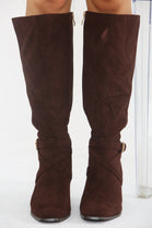BROWN SUEDE KNEE HIGH BLOCK HEELED BOOT