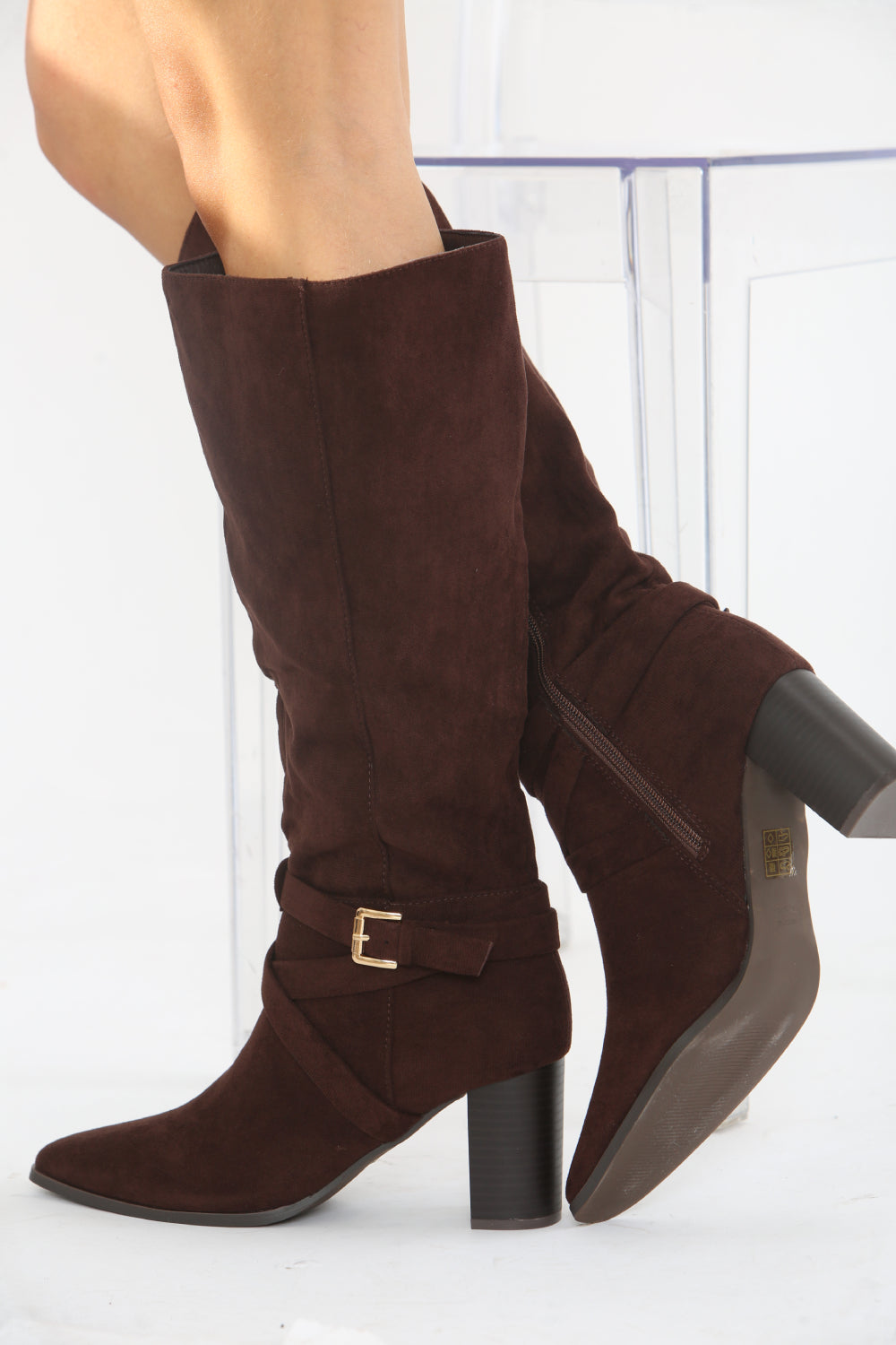 BROWN SUEDE KNEE HIGH BLOCK HEELED BOOT