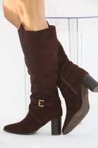 BROWN SUEDE KNEE HIGH BLOCK HEELED BOOT