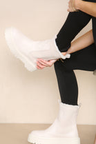 CREAM PU FAUX FUR TRIM ELASTICATED ANKLE DETAIL CHUNKY ANKLE BOOTS