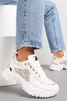WHITE LACE UP GOLD HEEL CLIP CHUNKY TRAINERS