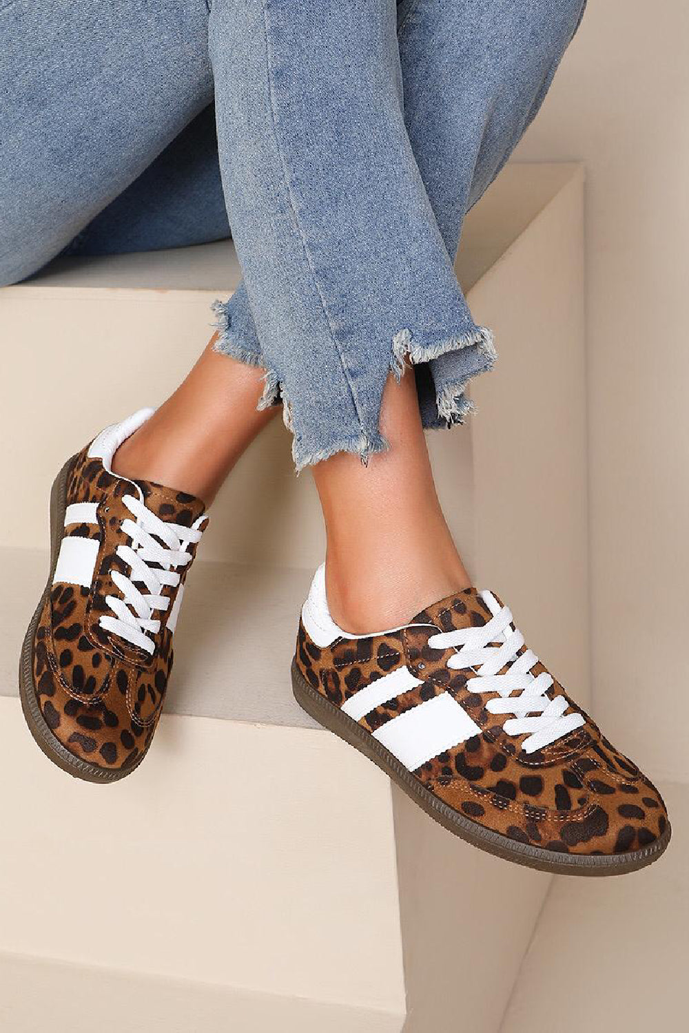 LEOPARD PRINT FLAT LACE UP SNEAKERS TRAINERS