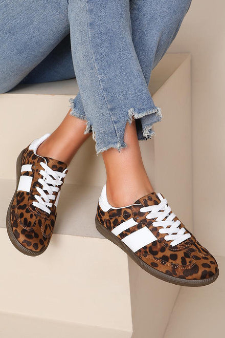 LEOPARD PRINT FLAT LACE UP SNEAKERS TRAINERS