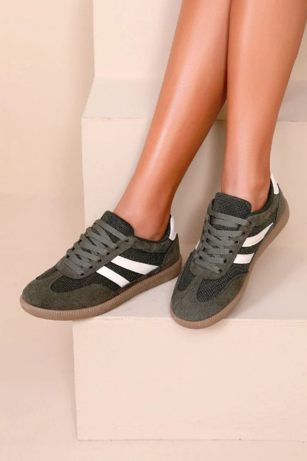 GREEN LACE UP FLAT SNEAKER TRAINERS WITH STRIPES AND GUM RUBBER SOLE