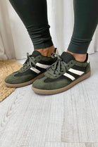 GREEN LACE UP FLAT SNEAKER TRAINERS WITH STRIPES AND GUM RUBBER SOLE