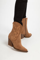 CAMEL EMBROIDERED ANKLE HIGH WESTERN COWBOY BOOTS