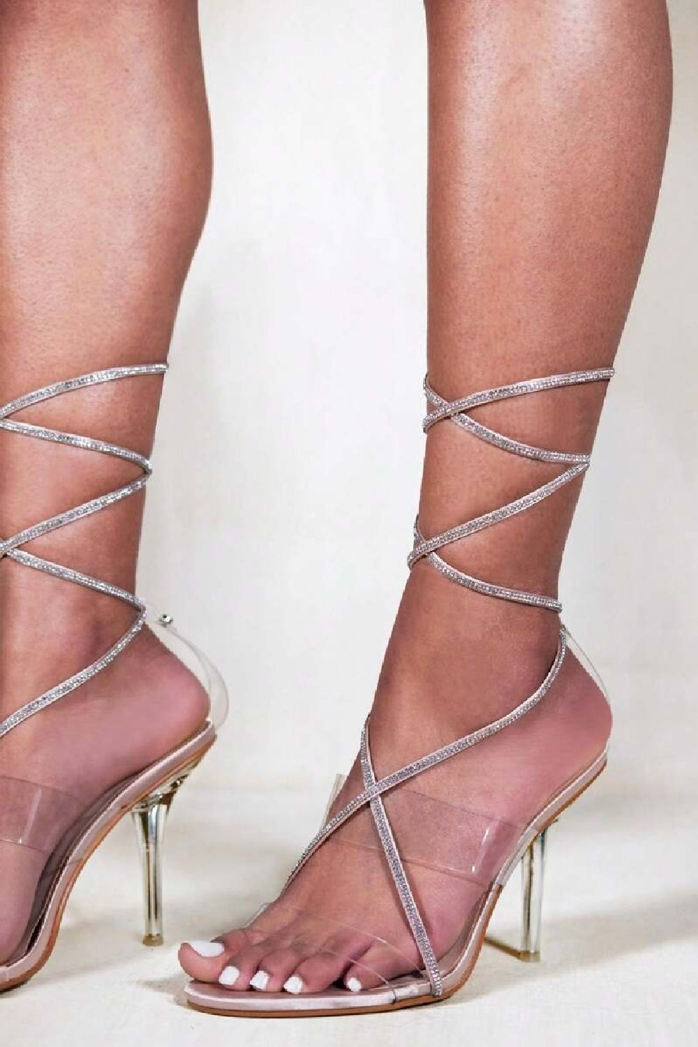 CHAMPAGNE SATIN DIAMANTE CROSSOVER STRAP WITH LACE UP DETAIL HIGH HEEL