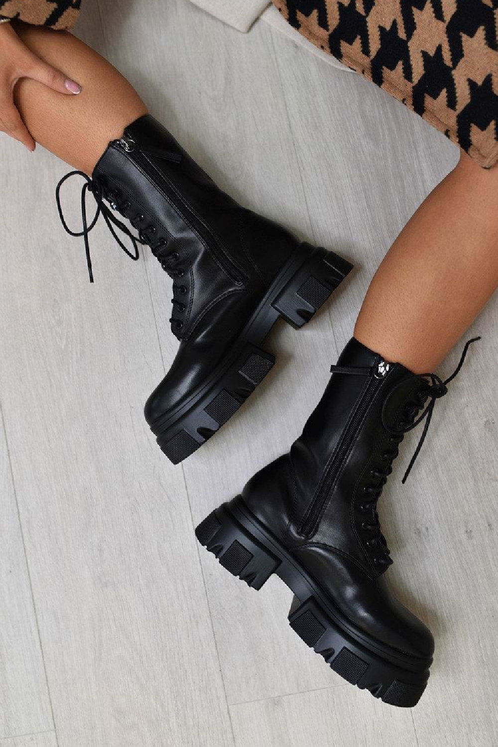 Black PU Chunky Cleated Sole Ankle Boots With Front Lace