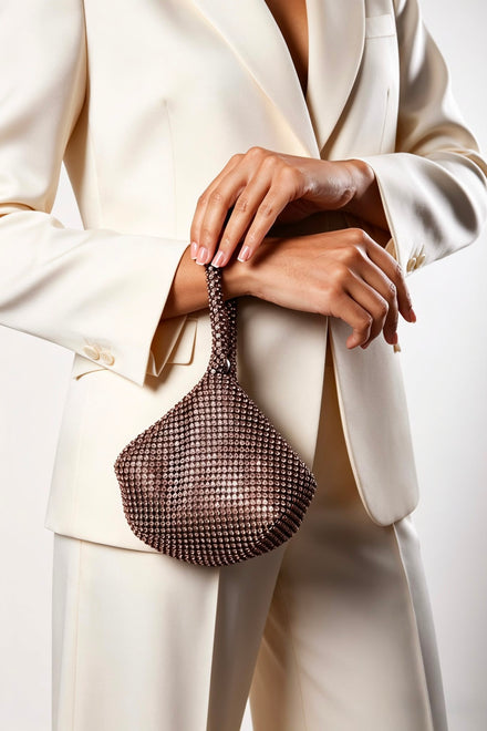Elegant Dark Brown Diamond Mesh Crystal Mini Pouch Handbag