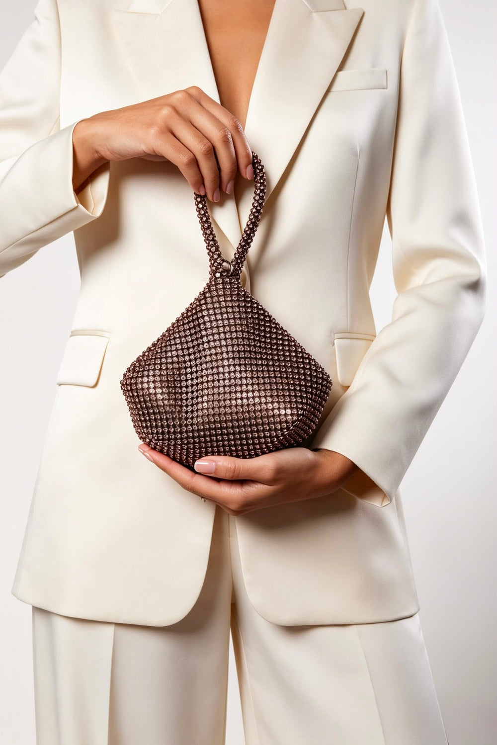 Elegant Dark Brown Diamond Mesh Crystal Mini Pouch Handbag